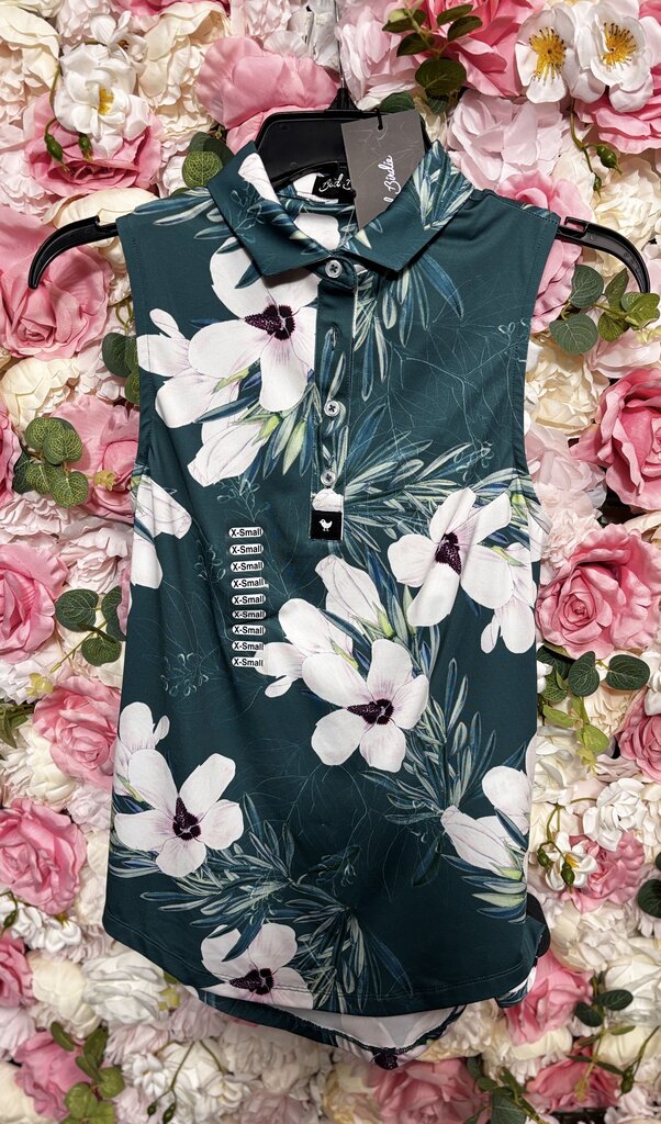 green floral sleeveless golf polo