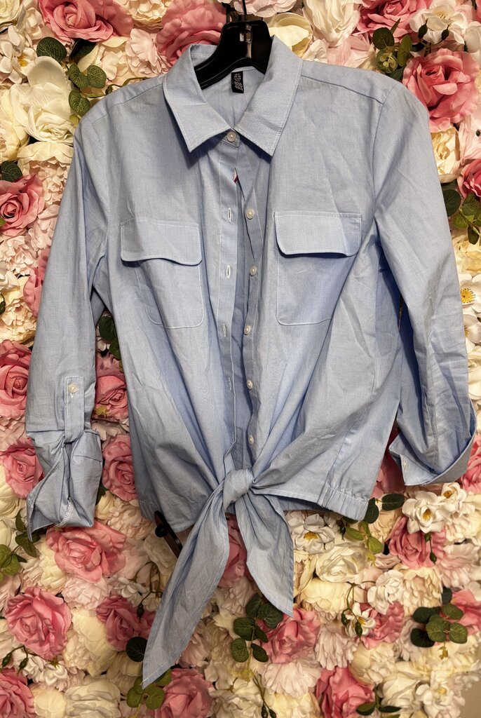white pinstripe blue button up