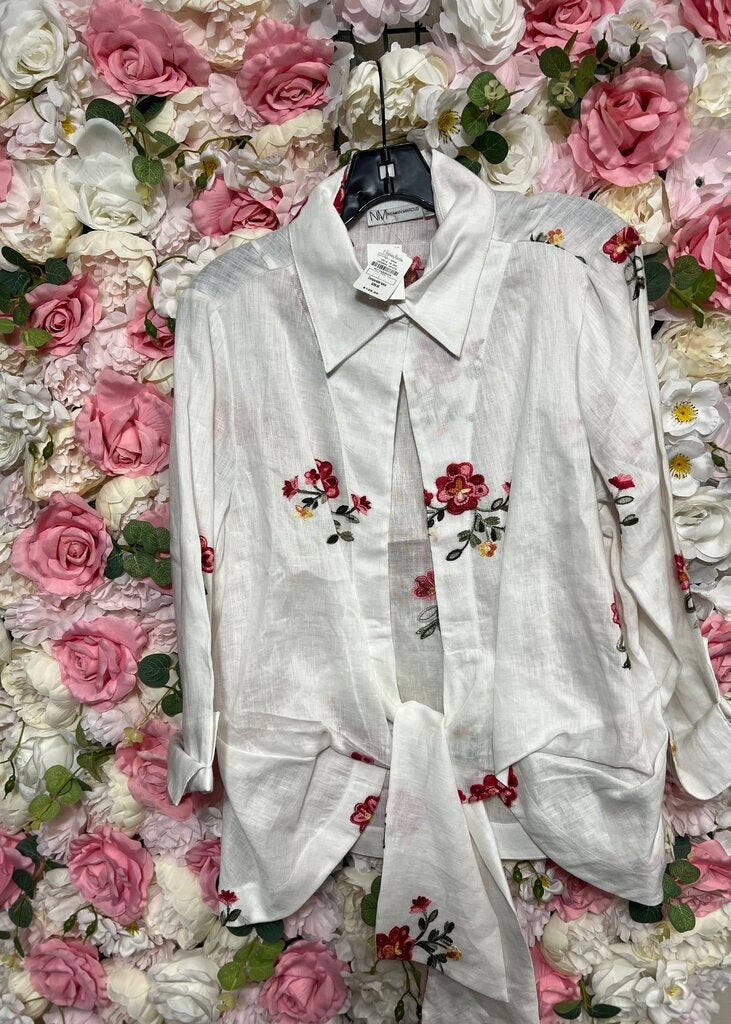white collared tie blouse floral embroidery