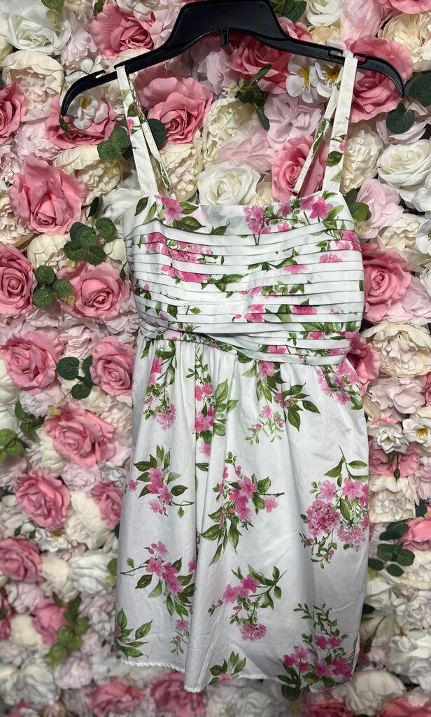 white dress pink green floral