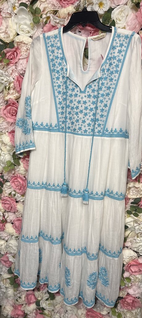 white maxi dress blue embroidered long sleeve