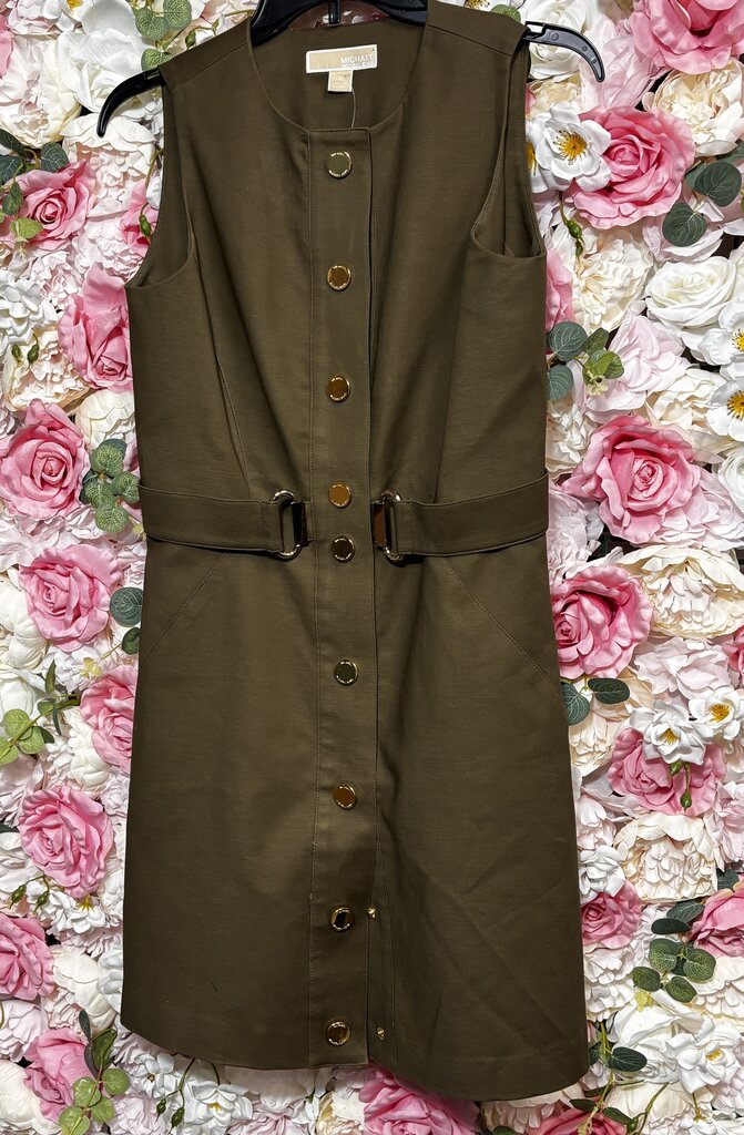 olive green sleeveless gold button dress