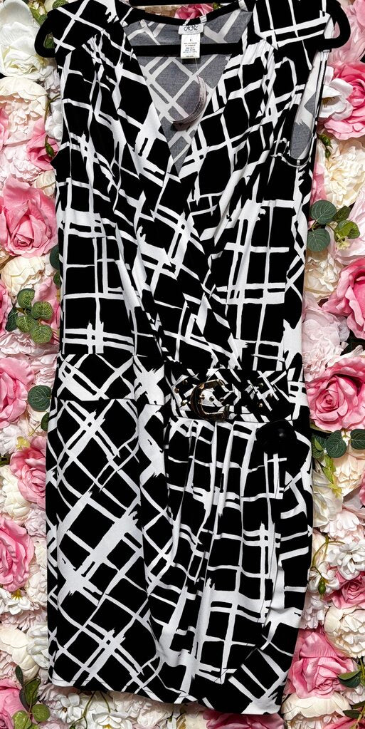 black white golden belt deep vneck dress