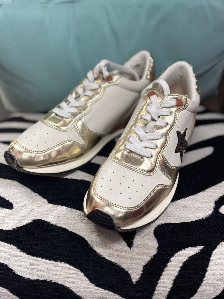 gold sneaker suede glitter heel