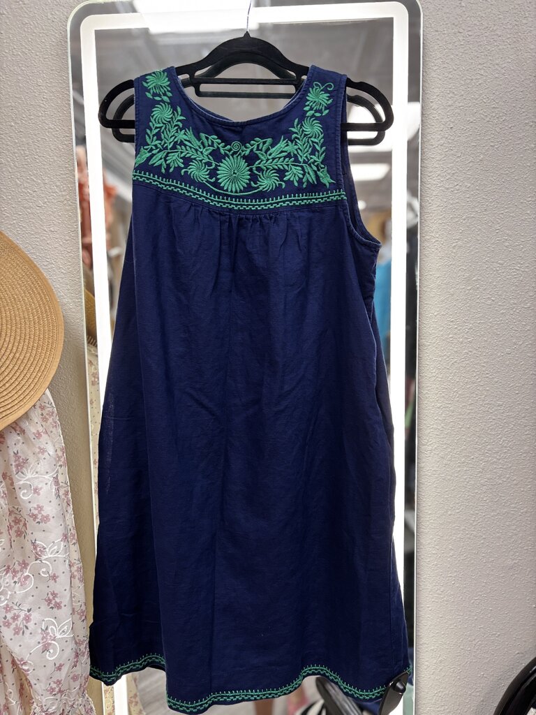 navy sleeveless midi dress green embroidery