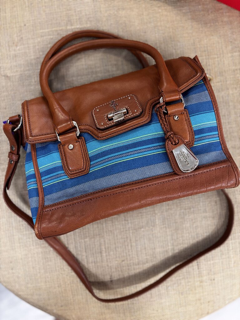 brown leather blue canvas detail messenger bag