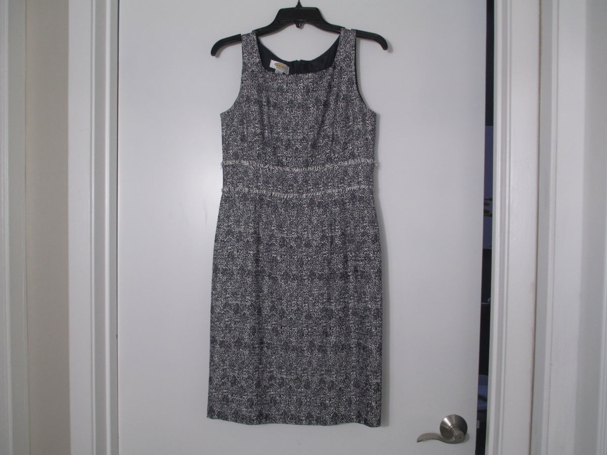 Talbots Tweed Sleeveless Sheath Dress Navy White Fringe Trim Lined - Image 1